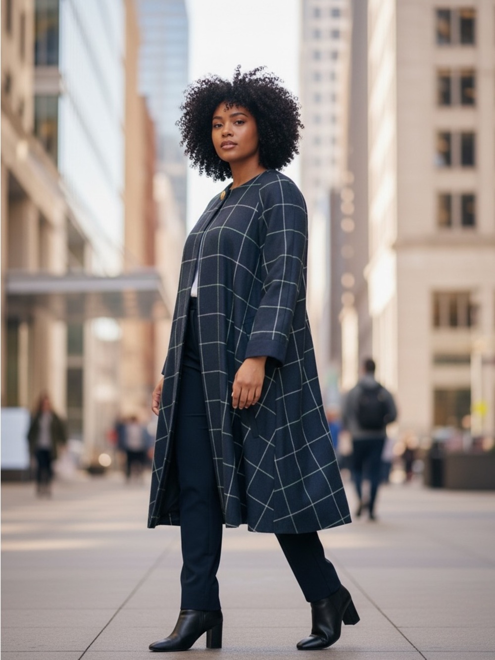 Rafael Swing Drape Coat Mid-length Vintage Navy Window Pane Plaid 14W